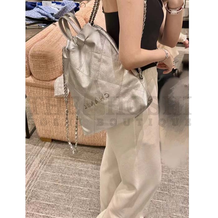 Ch**el Women CC Large Back Pack Ch**el 22 Handbag Metallic Calfskin Silver-Tone Metal Master Quality