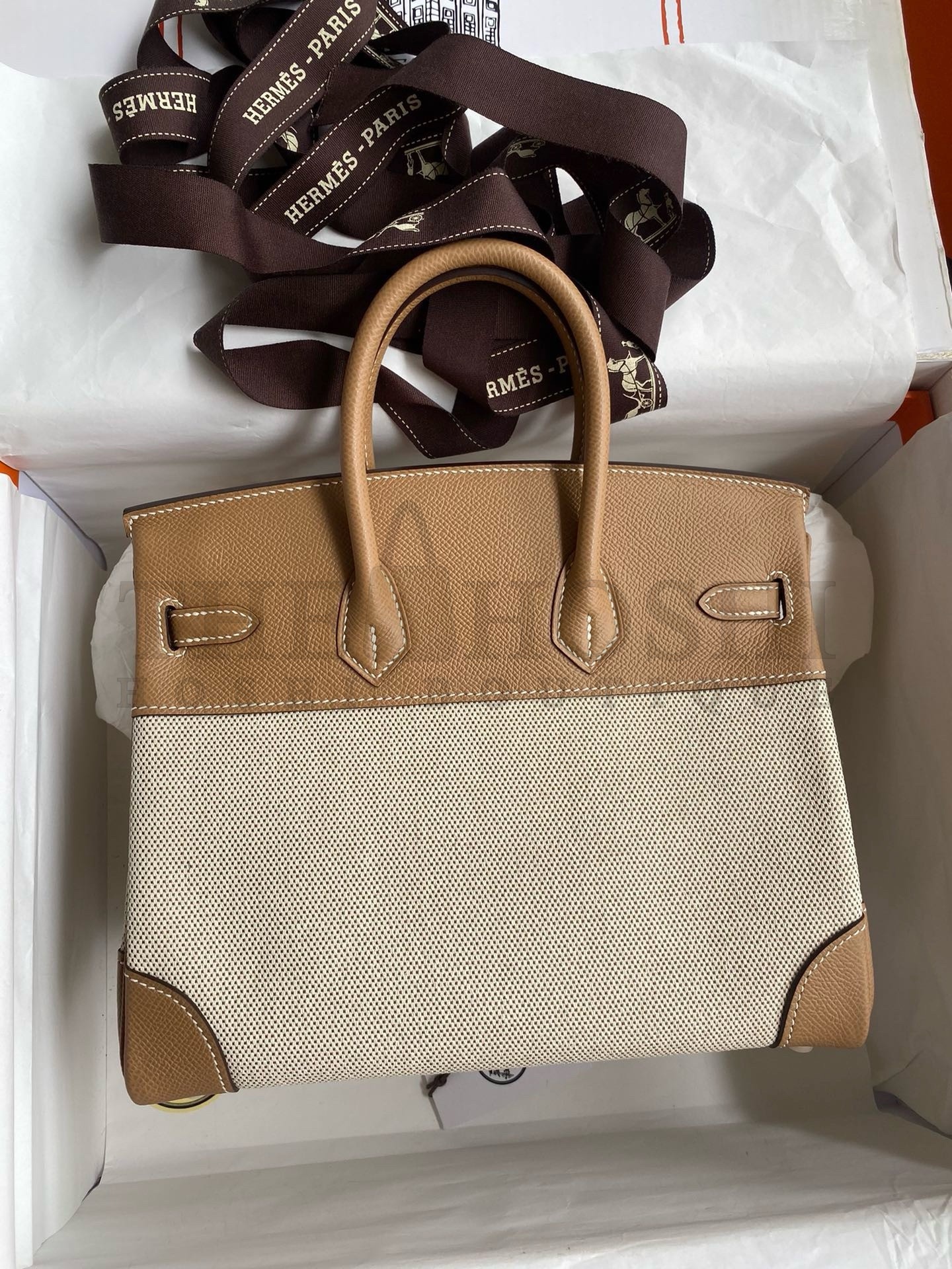 H**me5 Birkin 25 Handmade Bag In Toile & Chai Epsom Leather Master Quality