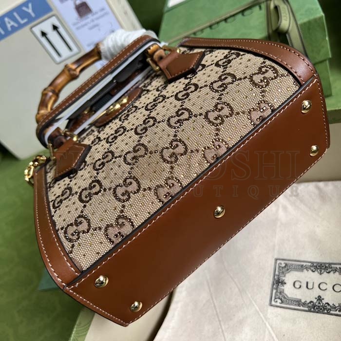 Gvc*1 Women Diana Mini Tote Bag Camel Ebony GG Canvas Crystals Double G Master Quality