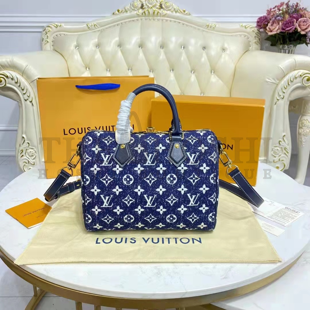 L0vis Vvtt0n LV Women Speedy Bandoulière 25 Handbag Navy Blue Denim Jacquard Calfskin Master Quality