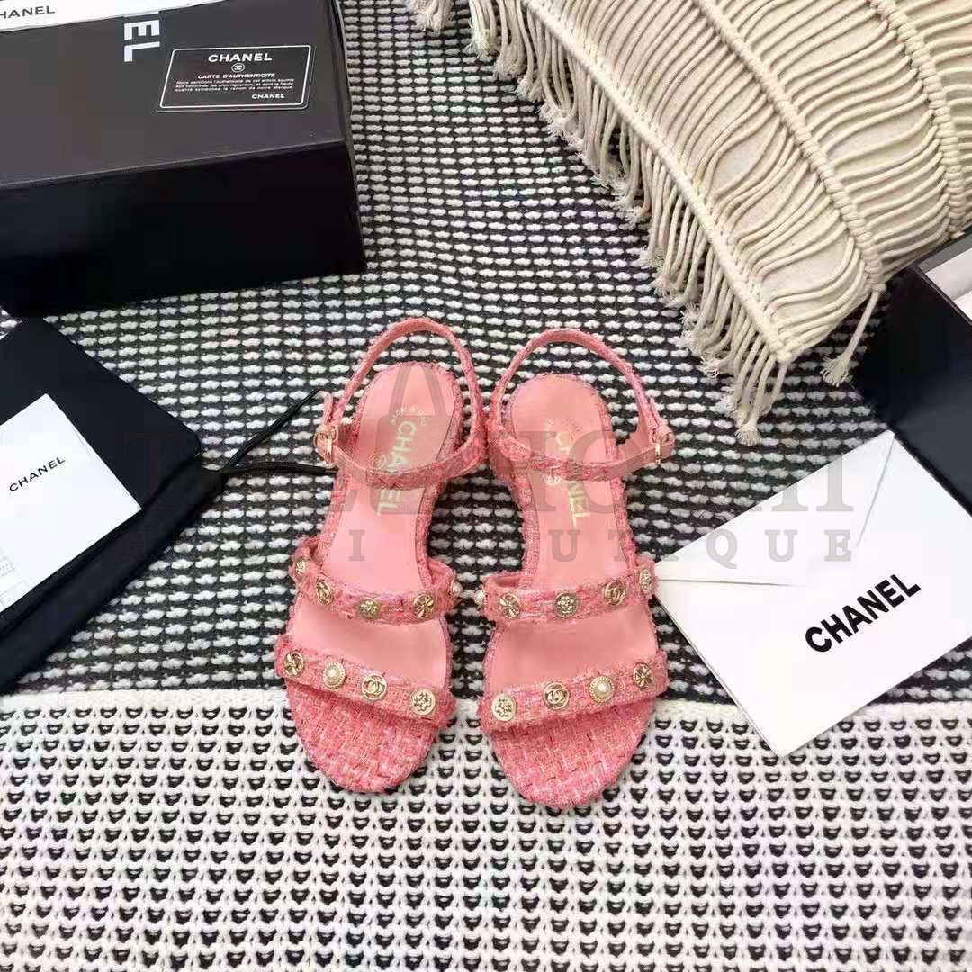 Ch**el Women Sandals Cotton Tweed &amp; Jewelry Coral &amp; Pink 2.5 cm Heel Master Quality