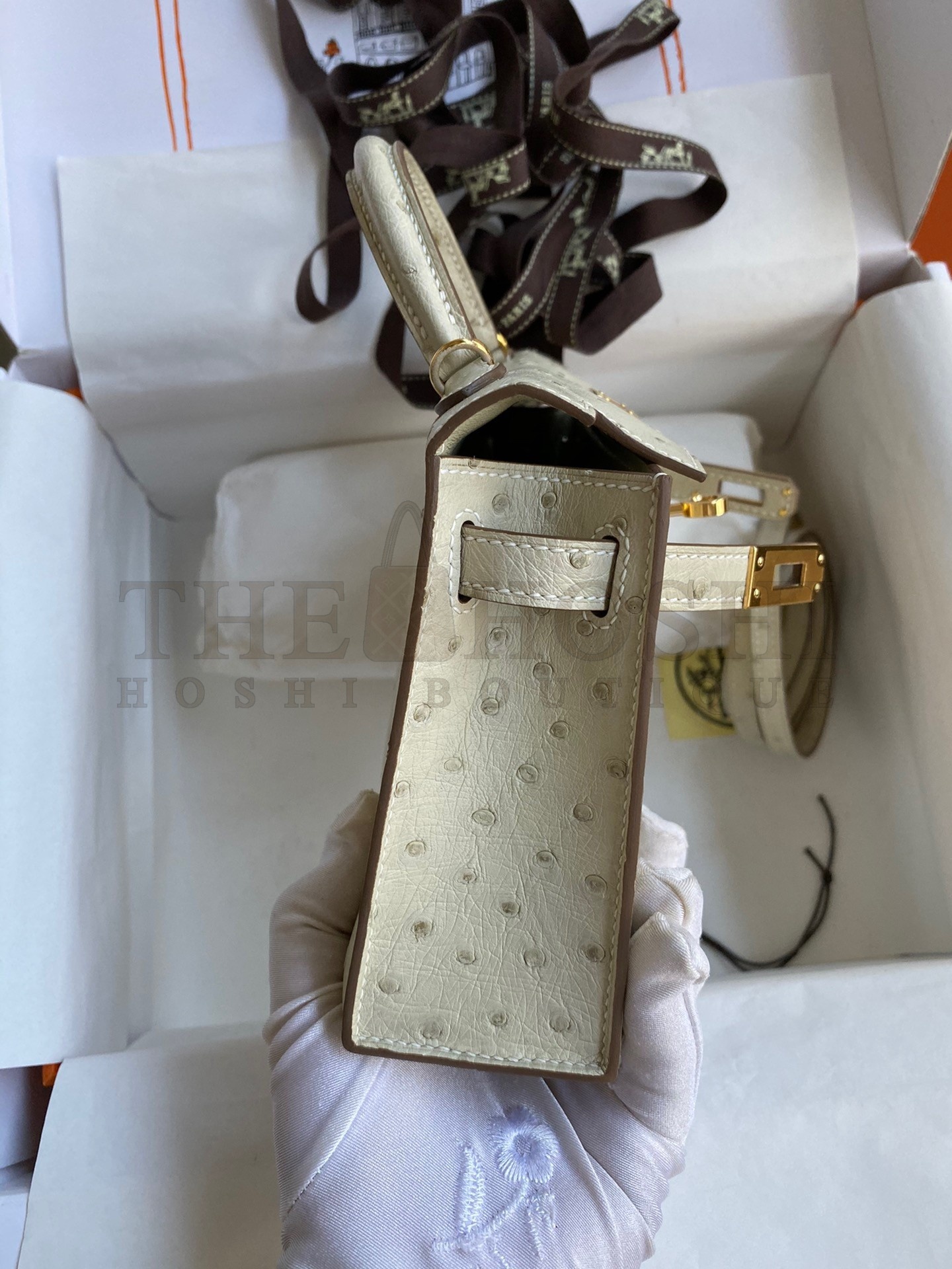 H**me5 Kelly Mini II Sellier Handmade Bag In Beton Ostrich Leather Master Quality