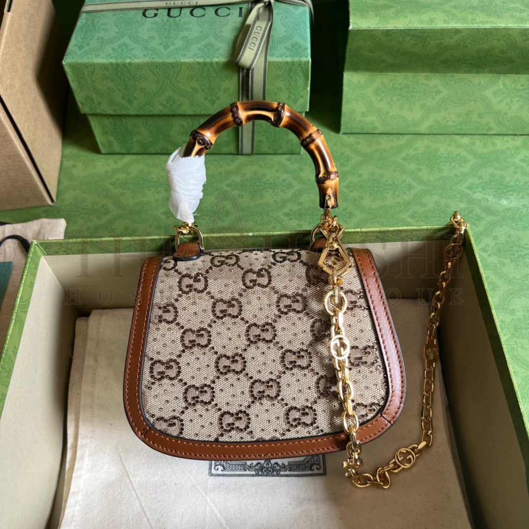 Gvc*1 Women Bamboo 1947 Mini Top Handle Bag Beige Ebony Canvas GG Crystal Master Quality