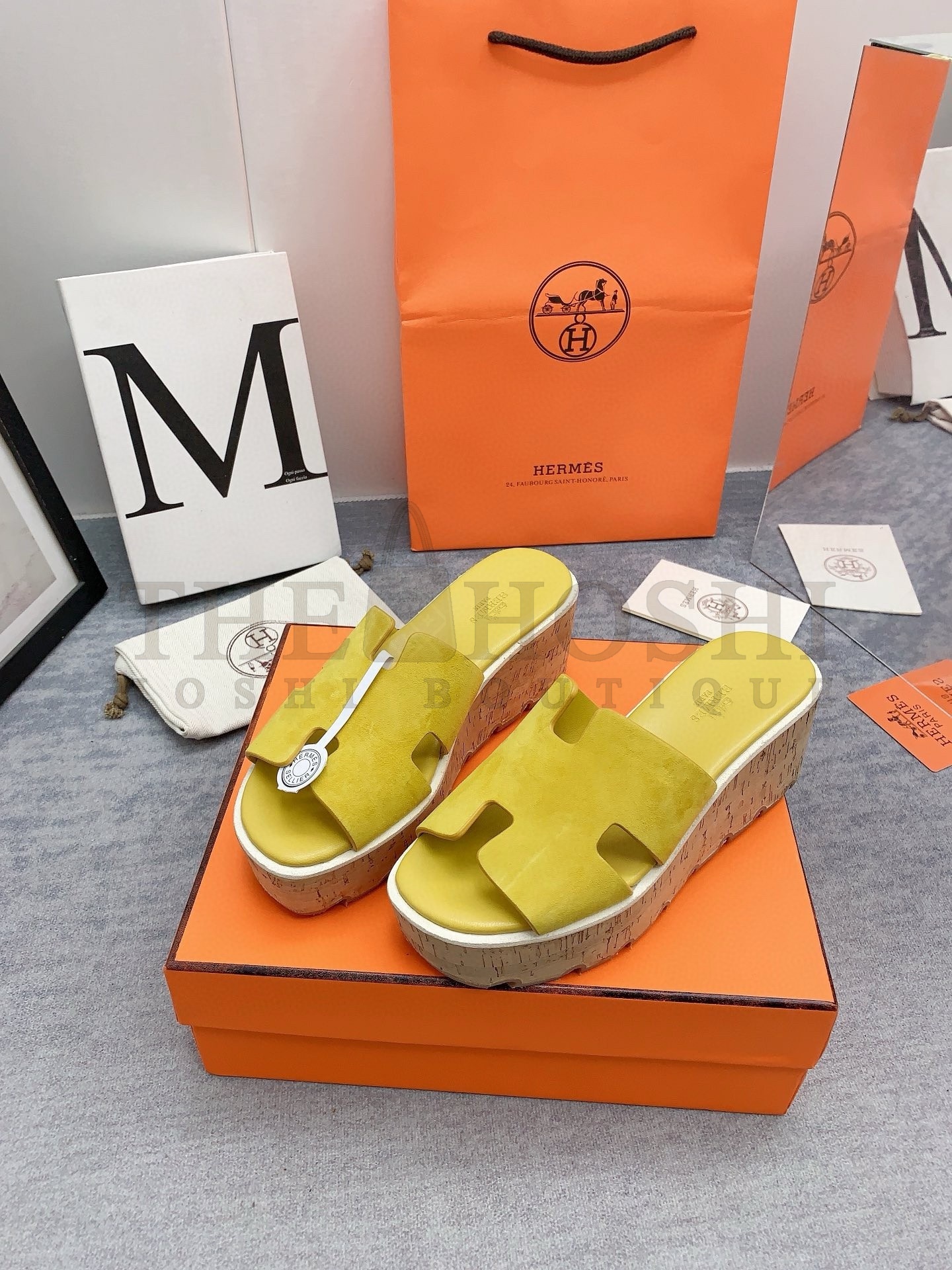 H**me5 Eze 30 Cork Platform Sandals in Yellow Suede Leather Master Quality