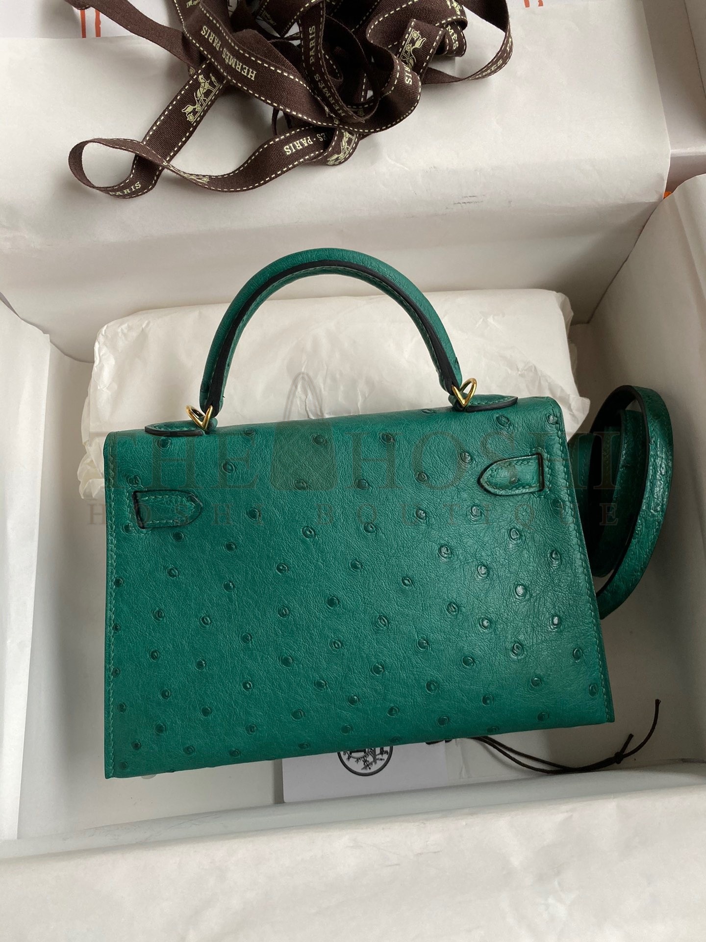 H**me5 Kelly Mini II Sellier Handmade Bag In Vert Vertigo Ostrich Leather Master Quality