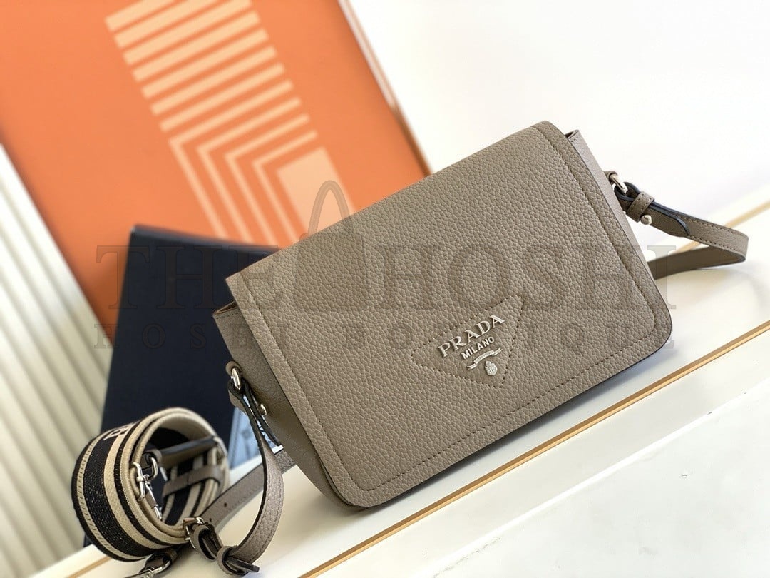 Pra*a Flap Shoulder Bag in Grey Grained Leather Master Quality