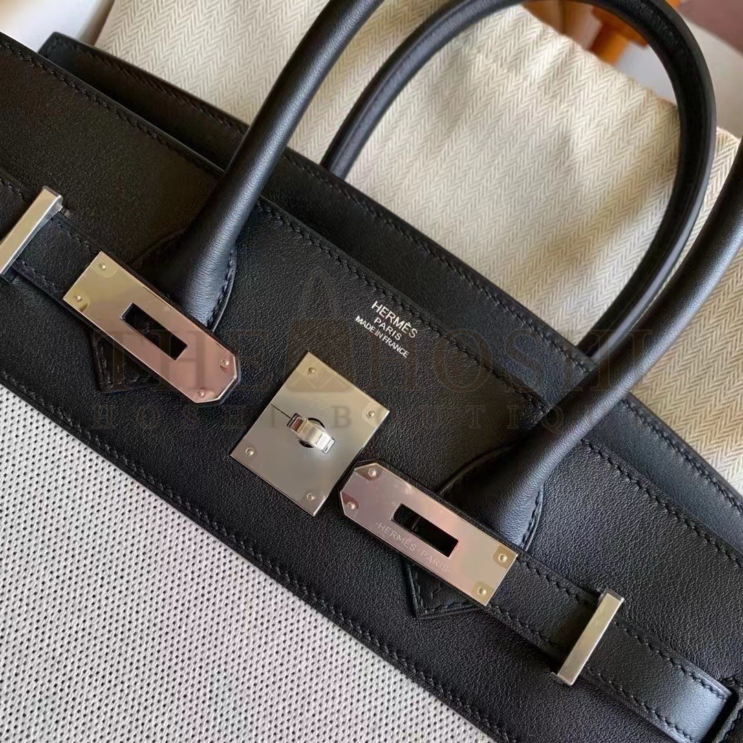 H**me5 Birkin 30 Handmade Bag In Toile & Black Swift Leather Master Quality