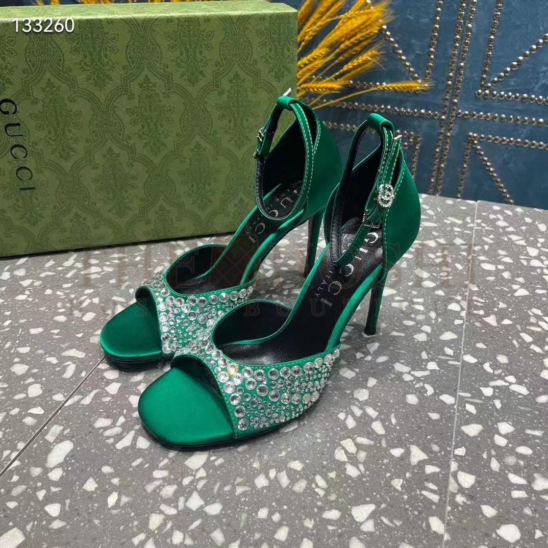 Gvc*1 Women G2 Mid-Heel Sandals Crystals Emerald Green Satin 11 CM Heel Double G Master Quality