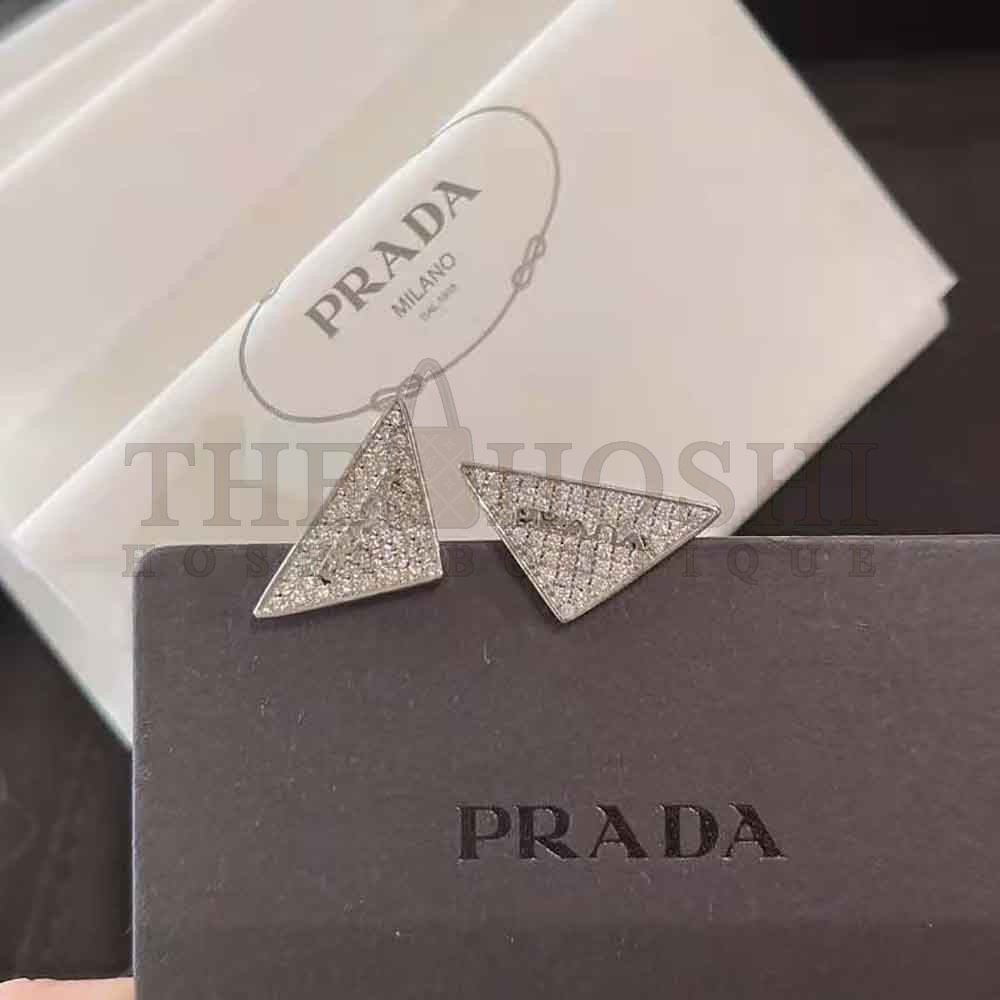 Pra*a Women Crystal Logo Jewels Zirconia Earrings-Silver Master Quality