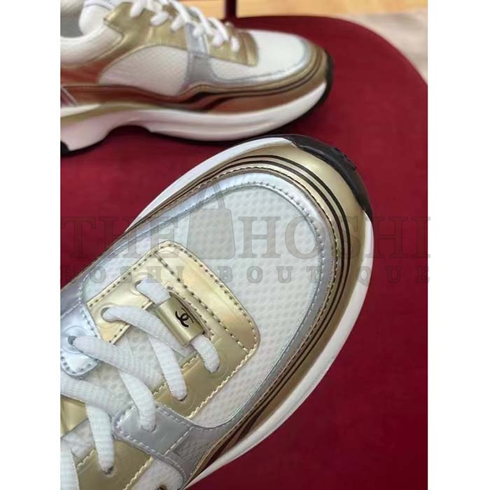 Ch**el trainer shoes Women CC Sneakers Fabric Laminated White Gold Silver Master Quality