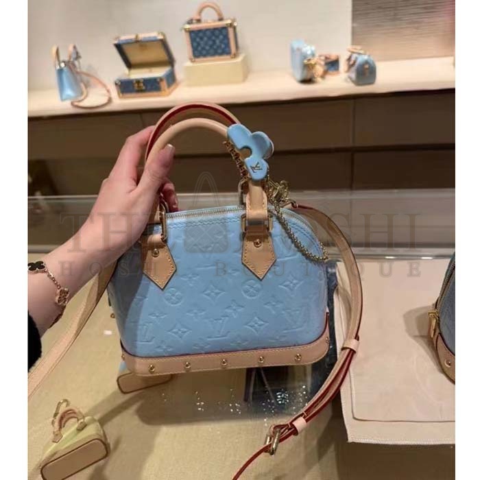 L0vis Vvtt0n LV Women Alma BB Handbag Sky Blue Monogram Vernis Embossed Cowhide Leather M24062 Master Quality