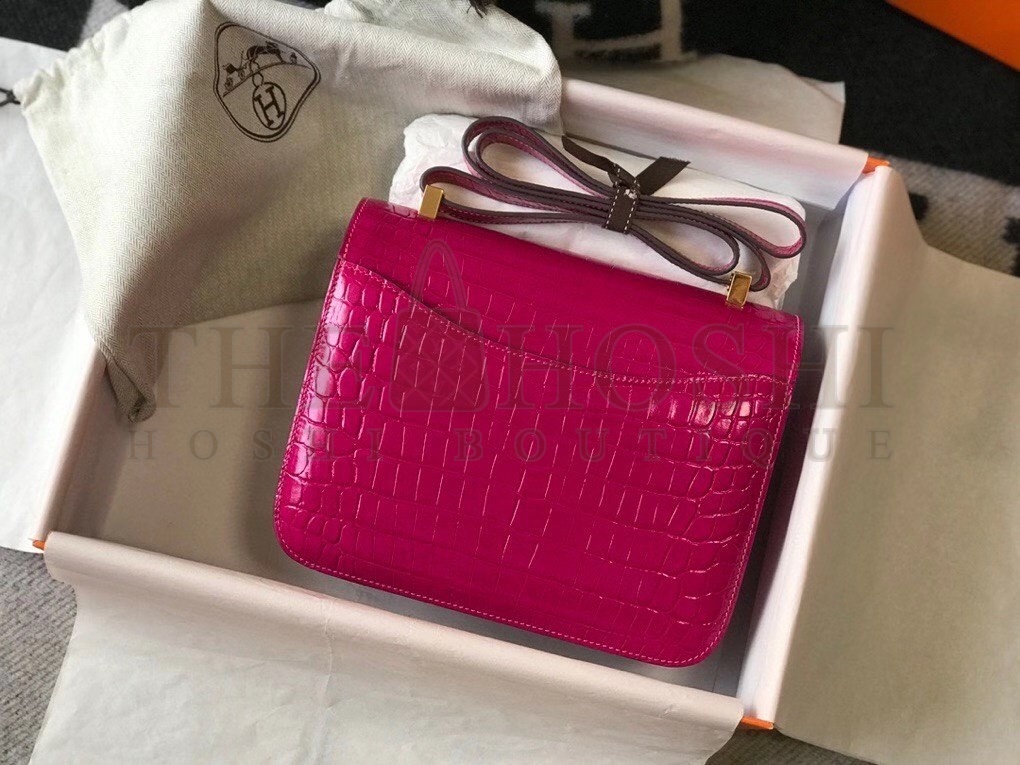 H**me5 Constance 24cm Bag In Rose Red Embossed Crocodile Master Quality