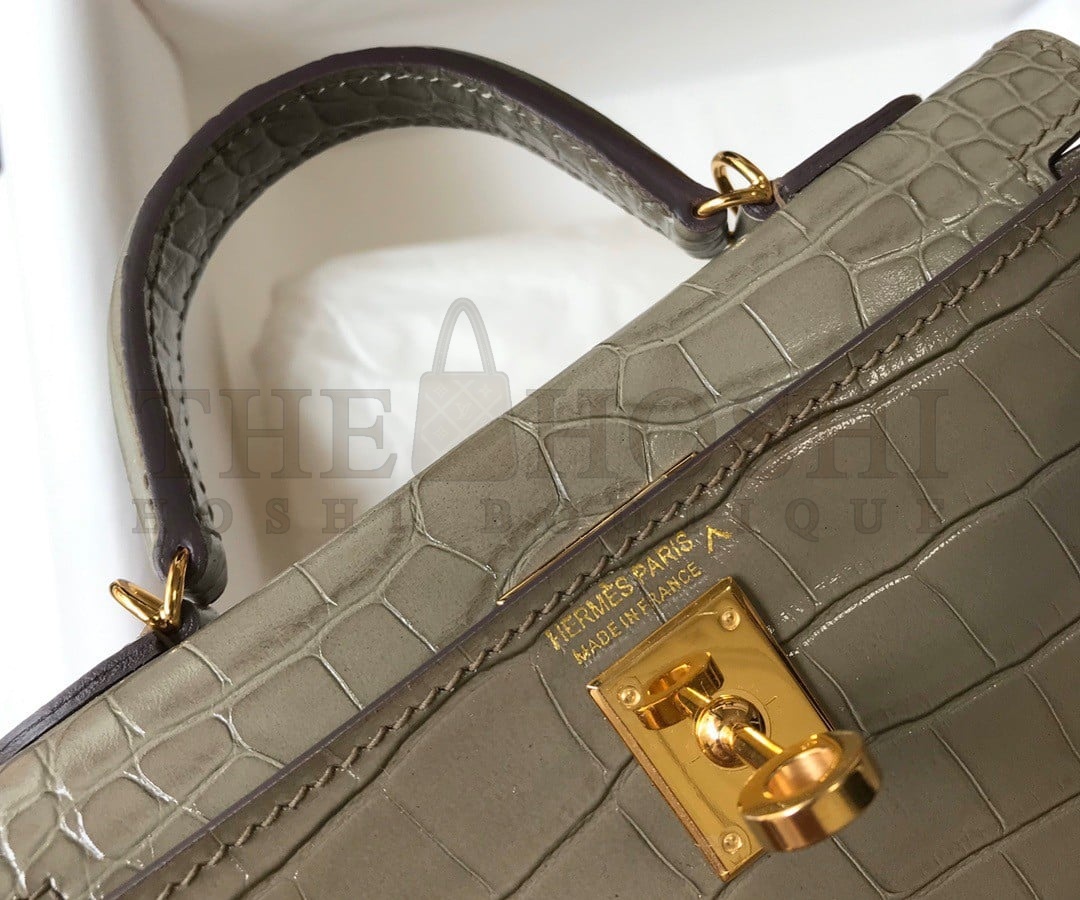 H**me5 Kelly Mini II Sellier Bag In Taupe Crocodile Embossed Leather Master Quality