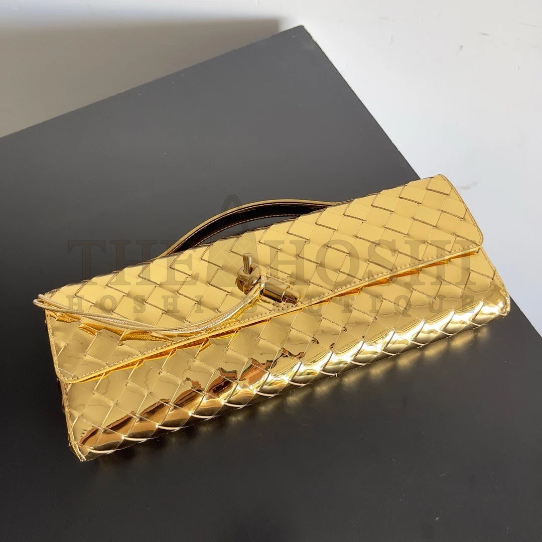 B0tt*ga Ven*ta Andiamo Clutch with Handle in Gold Metallic Leather Master Quality