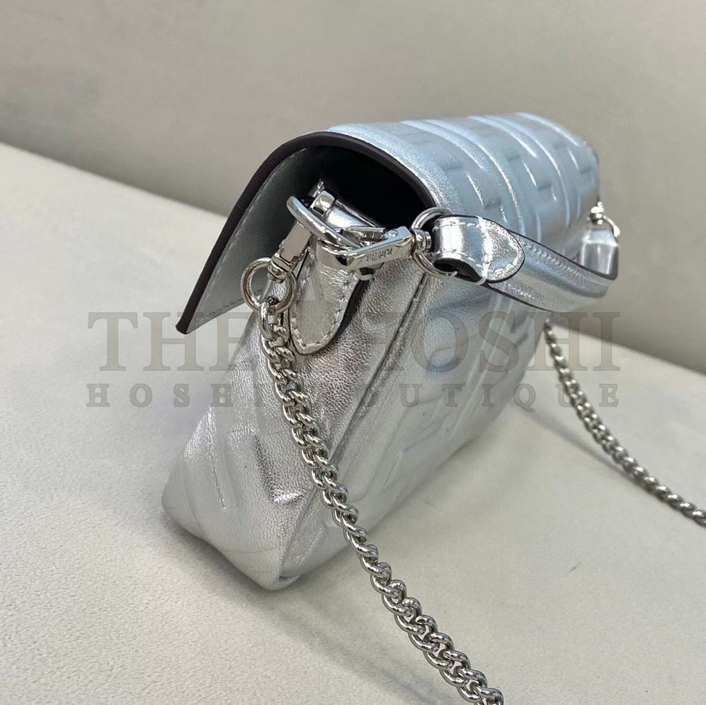 F**di Small Baguette Bag In Silver FF Metallic Leather Master Quality