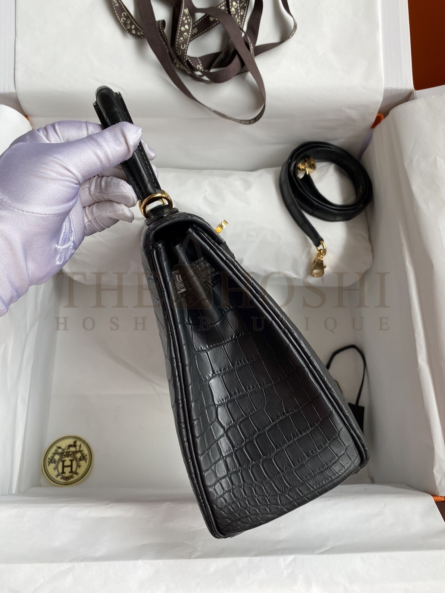 H**me5 Kelly Sellier 25 Handmade Bag In Black Crocodile Niloticus Matte Skin Master Quality