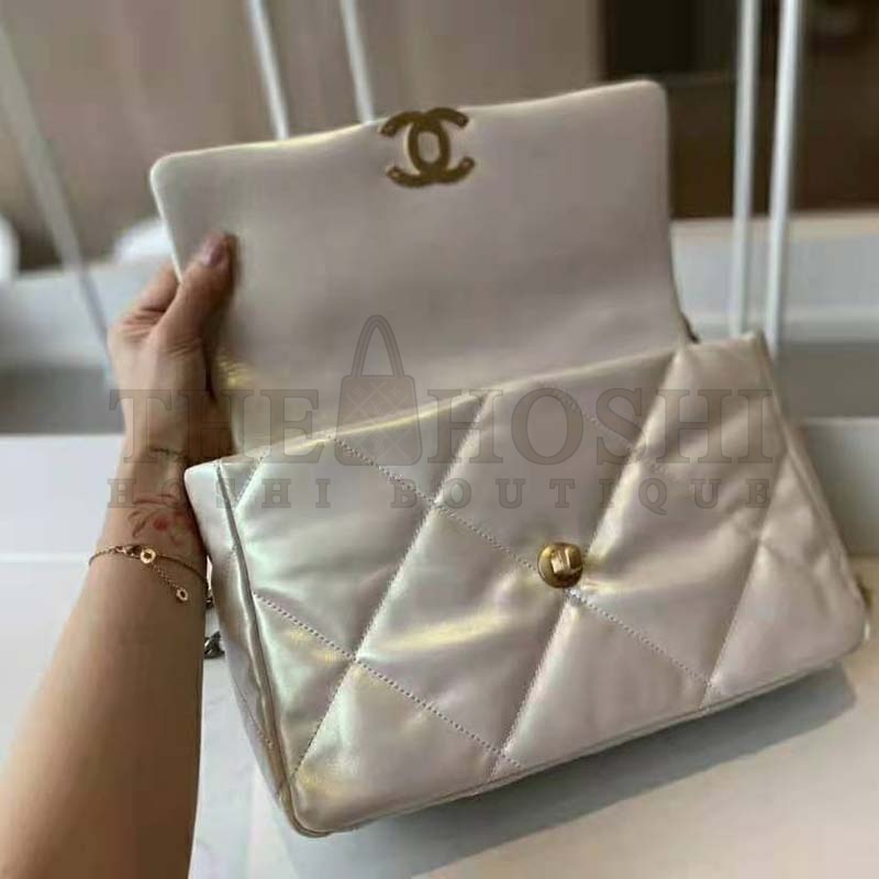 Ch**el Women 19 Large Flap Bag Iridescent Calfskin Gold Silver-Tone & Ruthenium-Finish Metal White Master Quality