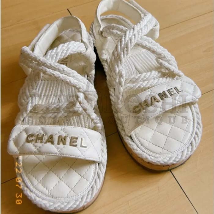 Ch**el Women CC Cotton Tweed White Sandals Calfskin Leather Cotton 1 CM Heel Master Quality