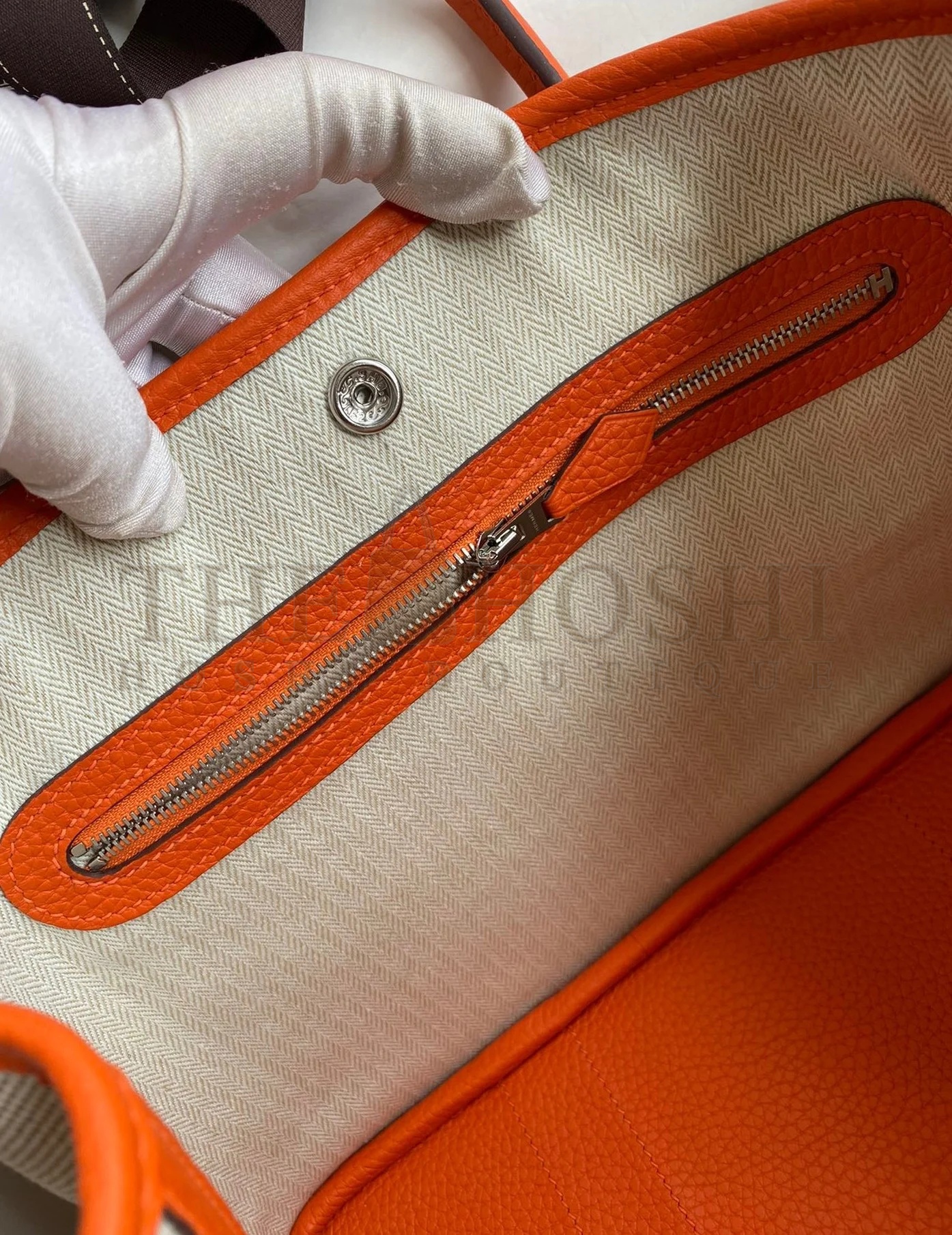 H**me5 Garden Party 30 Handmade Bag in Toile and Orange Leather Master Quality