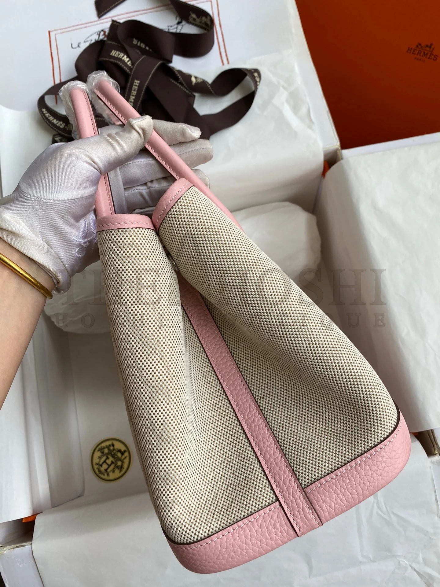 H**me5 Garden Party 30 Handmade Bag in Toile and Pink Leather Master Quality