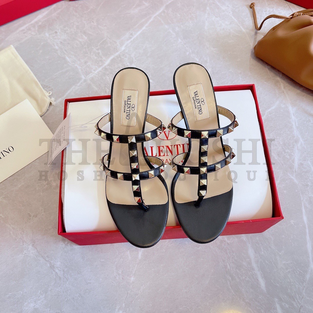 Va1e*ntin0 Rockstud Flip Flop Sandals 50mm In Black Calfskin Master Quality