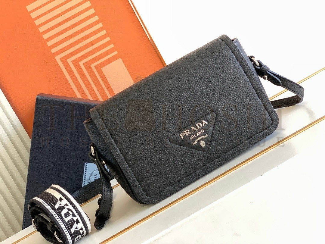 Pra*a Flap Shoulder Bag in Black Grained Leather Master Quality