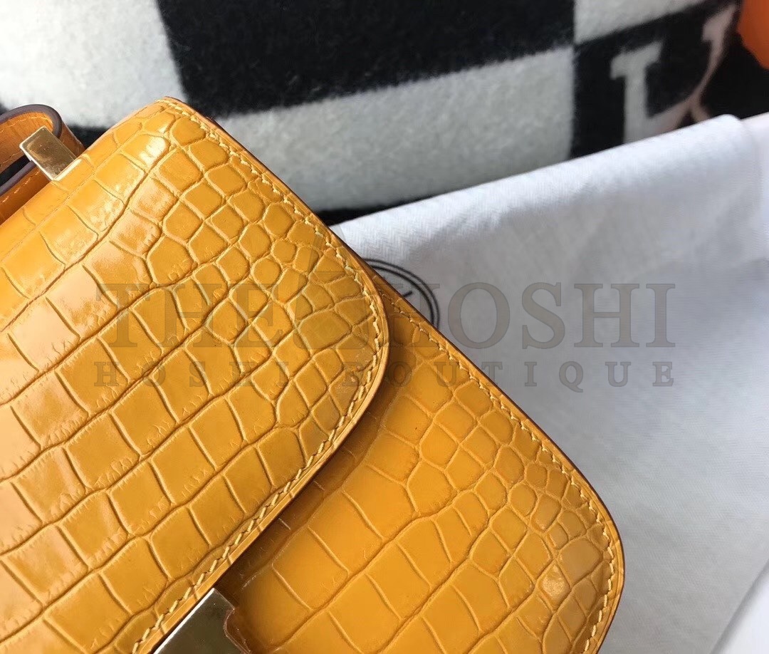 H**me5 Constance 18cm Bag In Yellow Embossed Crocodile Master Quality