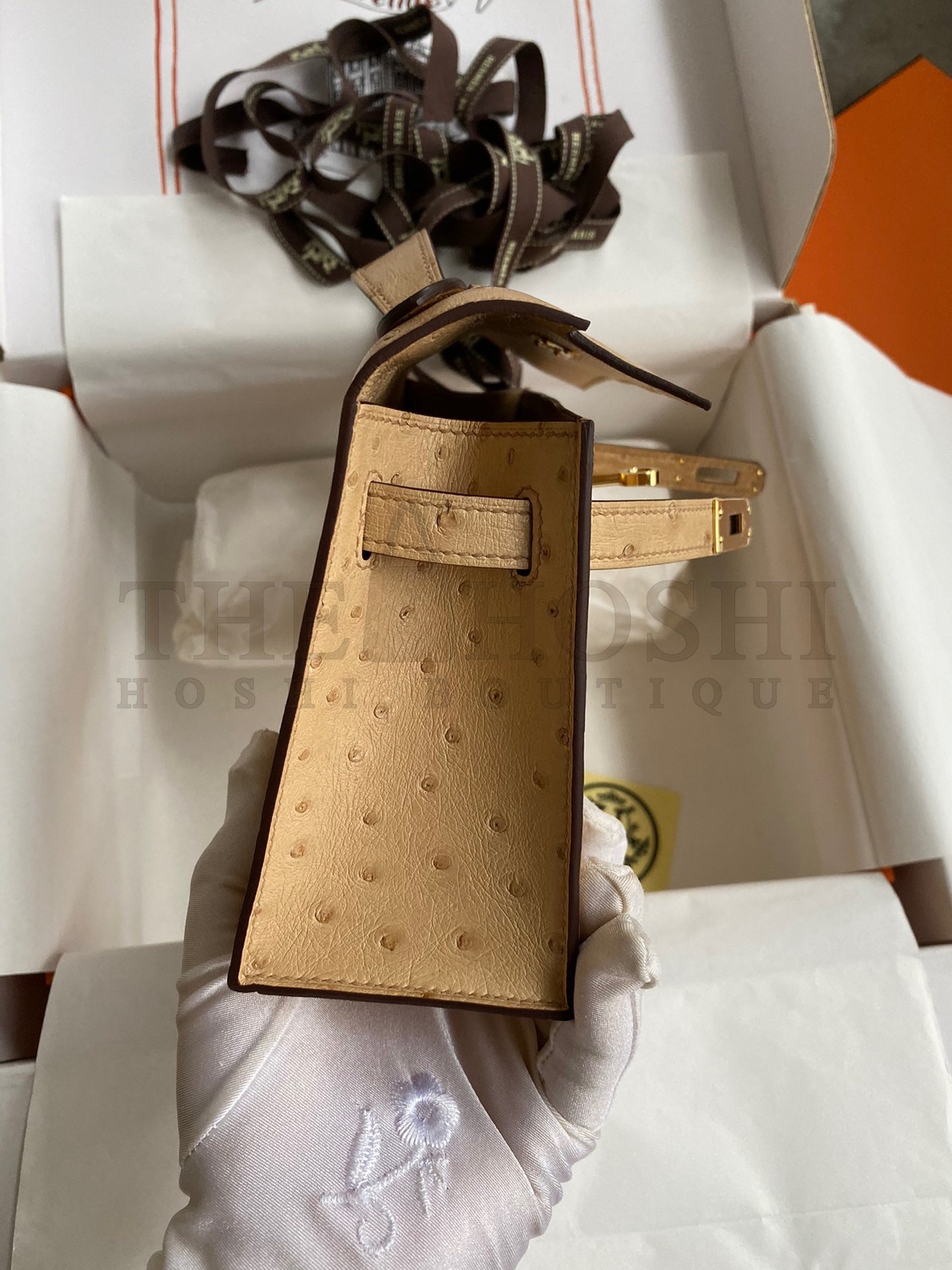 H**me5 Kelly Pochette Handmade Bag In Chai Ostrich Leather Master Quality