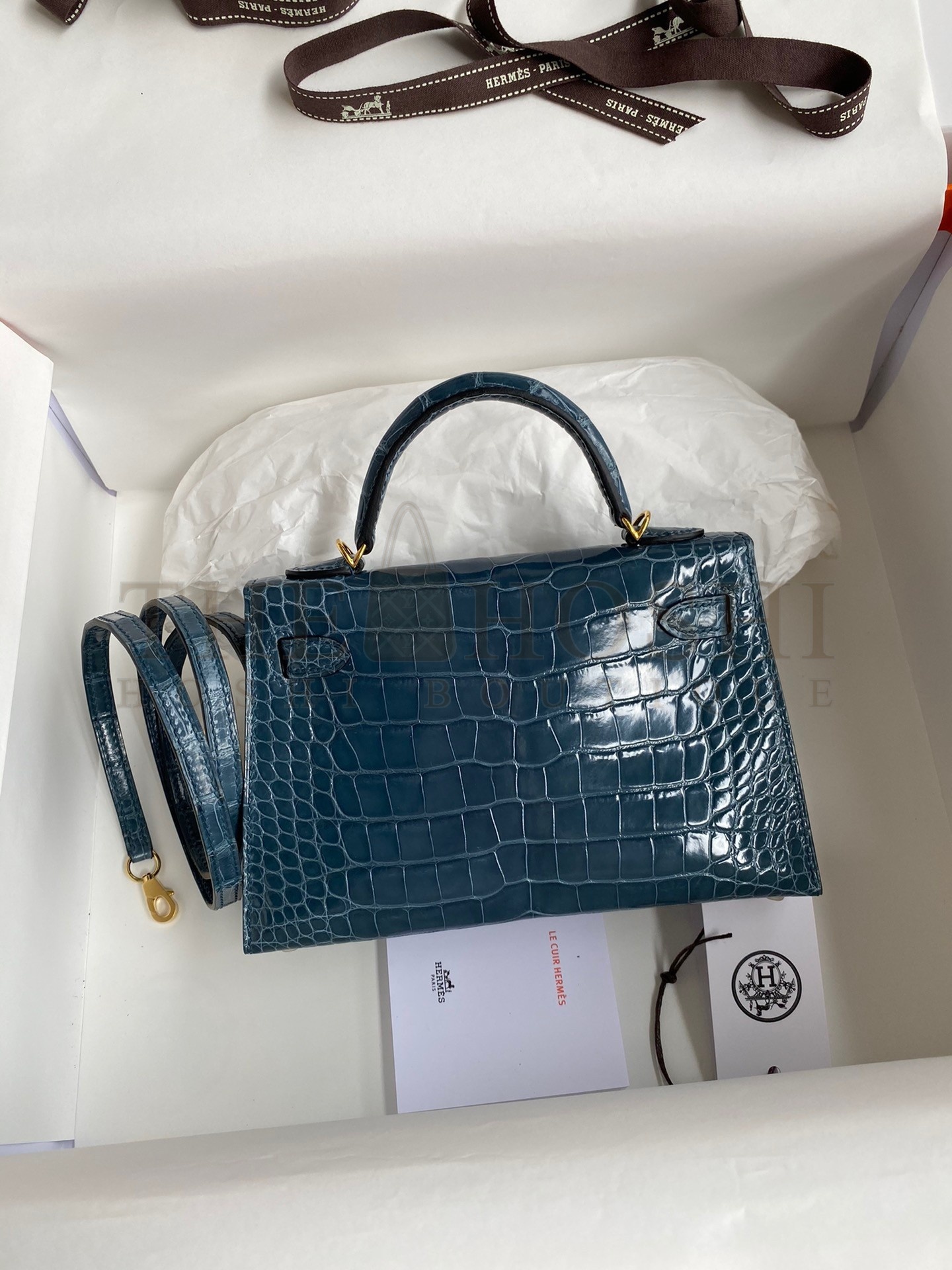 H**me5 Kelly Mini II Sellier Handmade Bag In Blue Jean Shiny Alligator Leather Master Quality