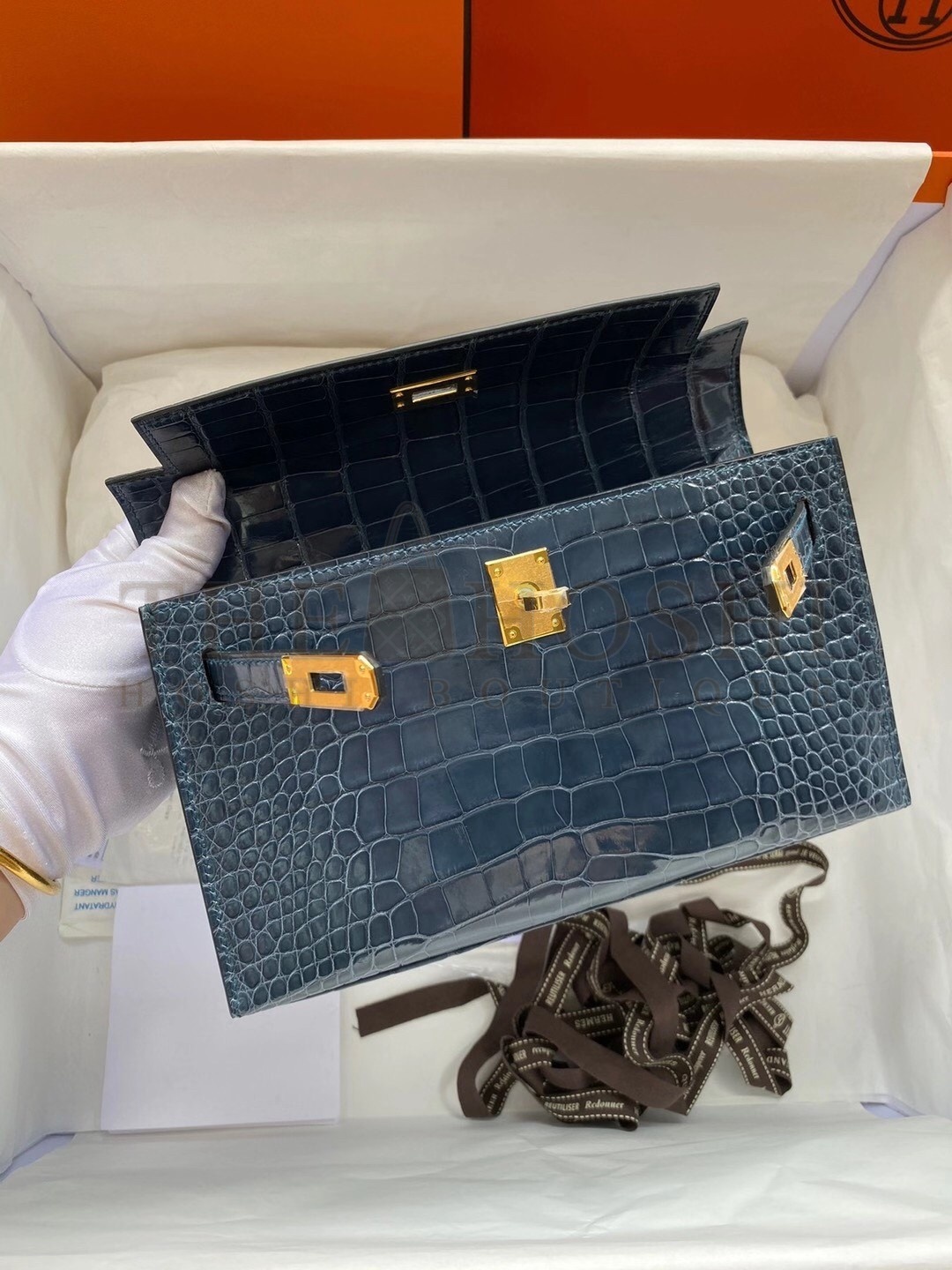 H**me5 Blue Shiny Alligator Crocodile Kelly Pochette Bag Master Quality