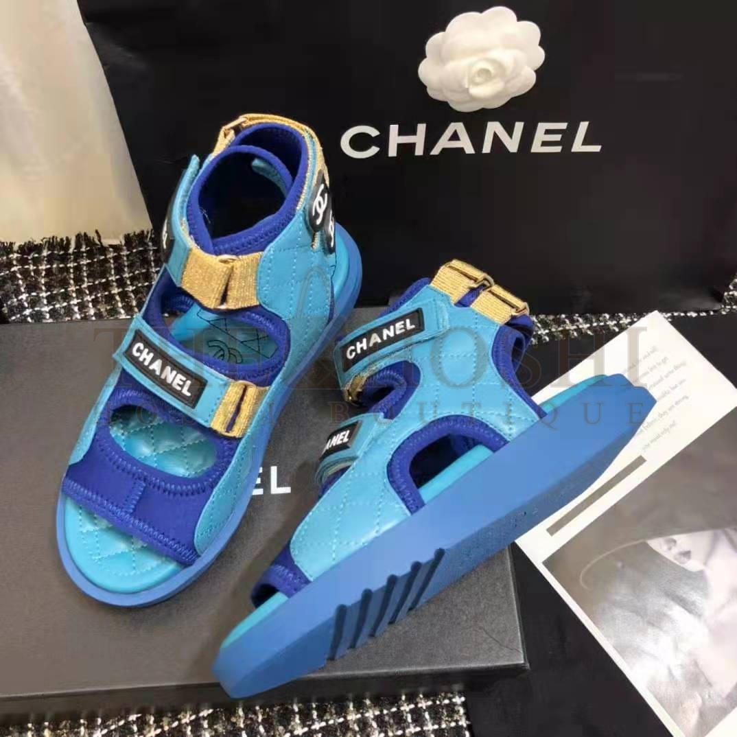 Ch**el Women Sandals Goatskin Fabric &amp; TPU Blue Dark Blue &amp; Black Master Quality