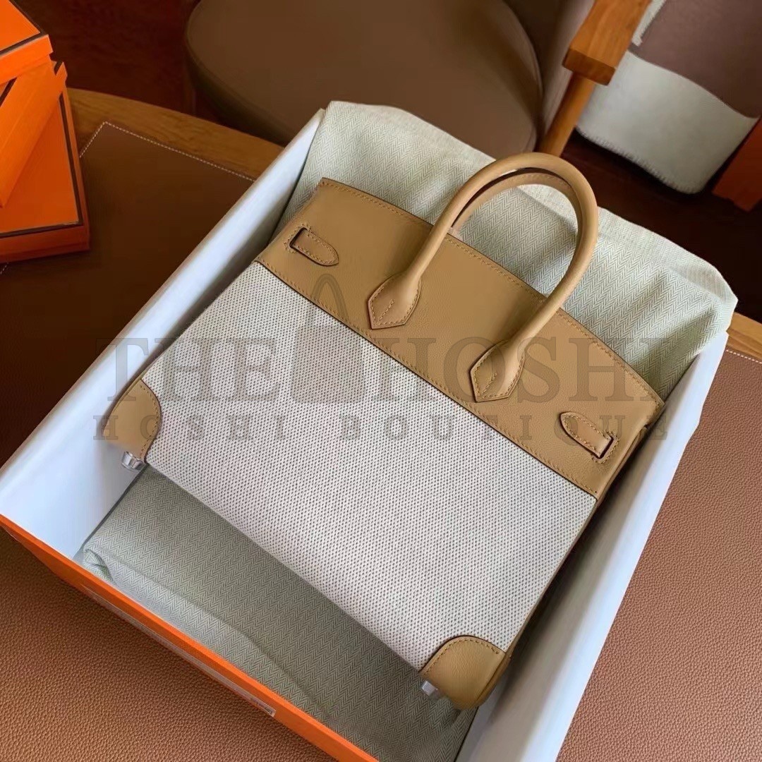 H**me5 Birkin 25 Handmade Bag In Toile &amp; Biscuit Swift Leather Master Quality