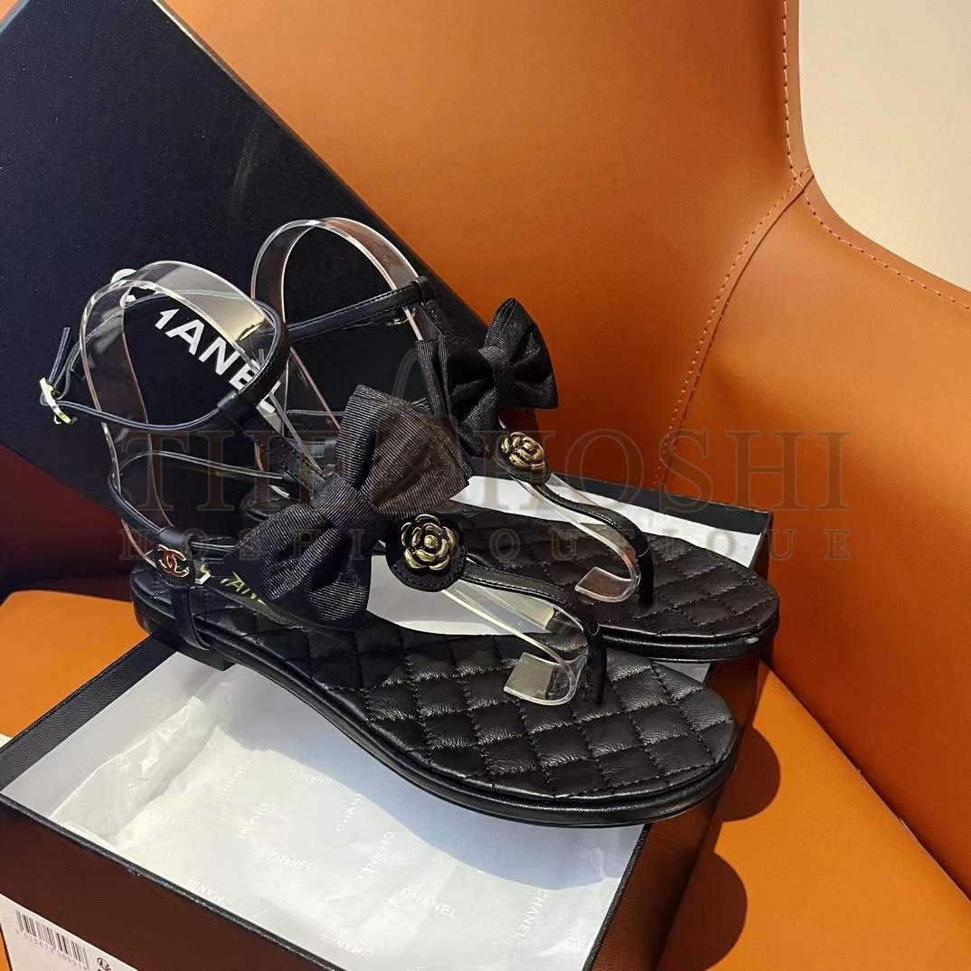 Ch**el Women CC Sandals Grosgrain Black 1 CM Heel Master Quality