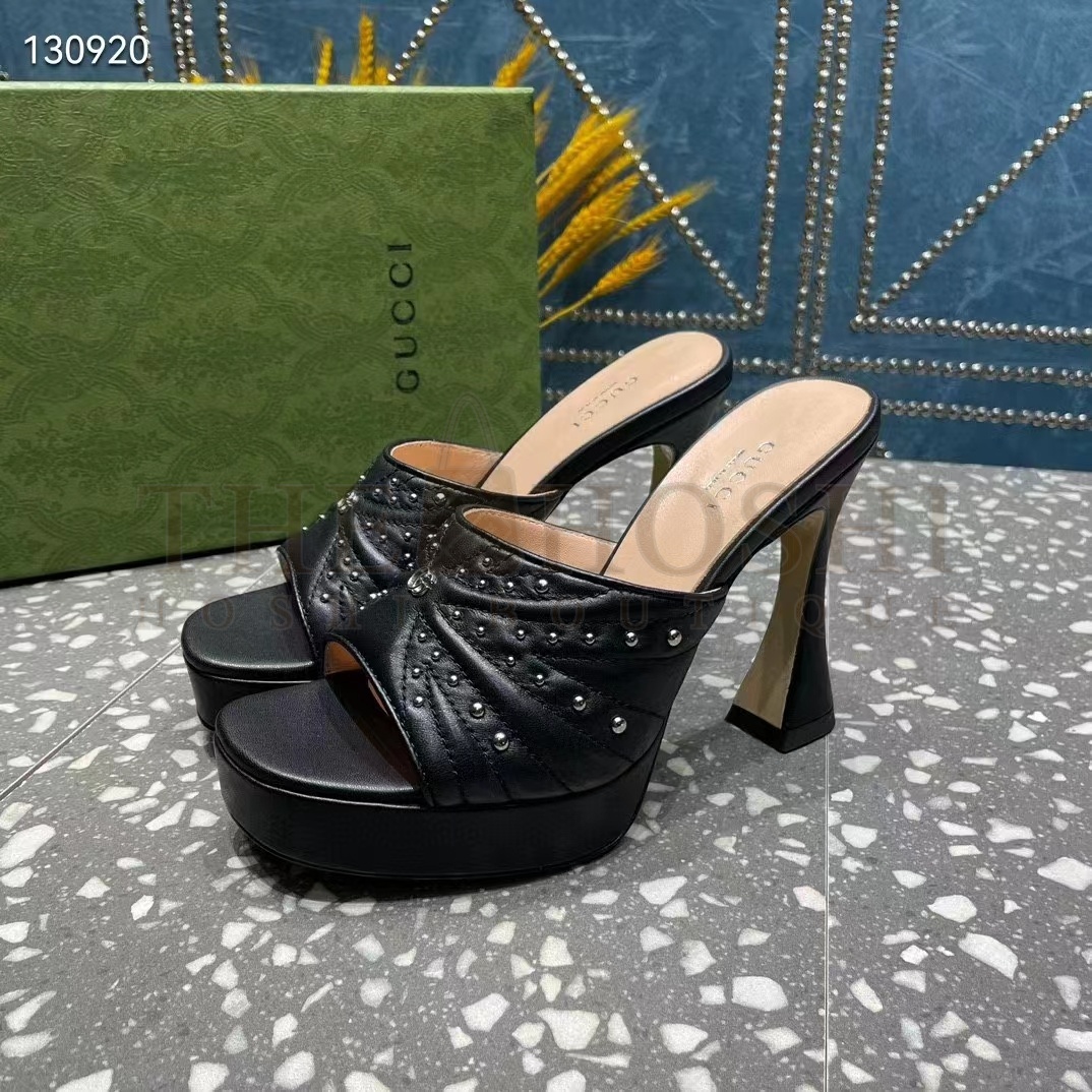 Gvc*1 Women G2 Heeled Slide Sandals Black Leather Studs Spool High 15 Cm Heel Master Quality