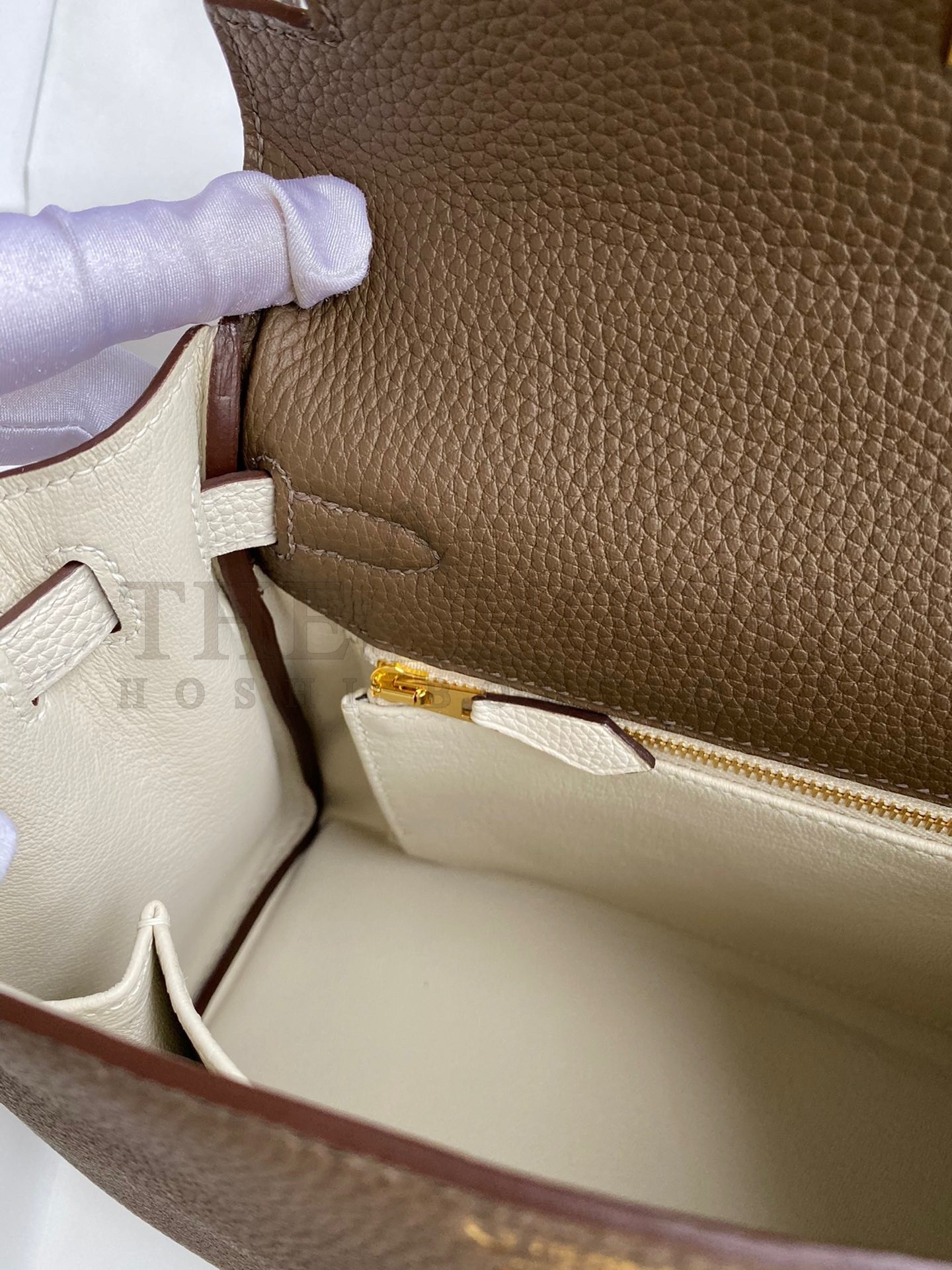 H**me5 Kelly Retourne 25 Bicolor Bag in Taupe and Craie Clemence Calfskin Master Quality