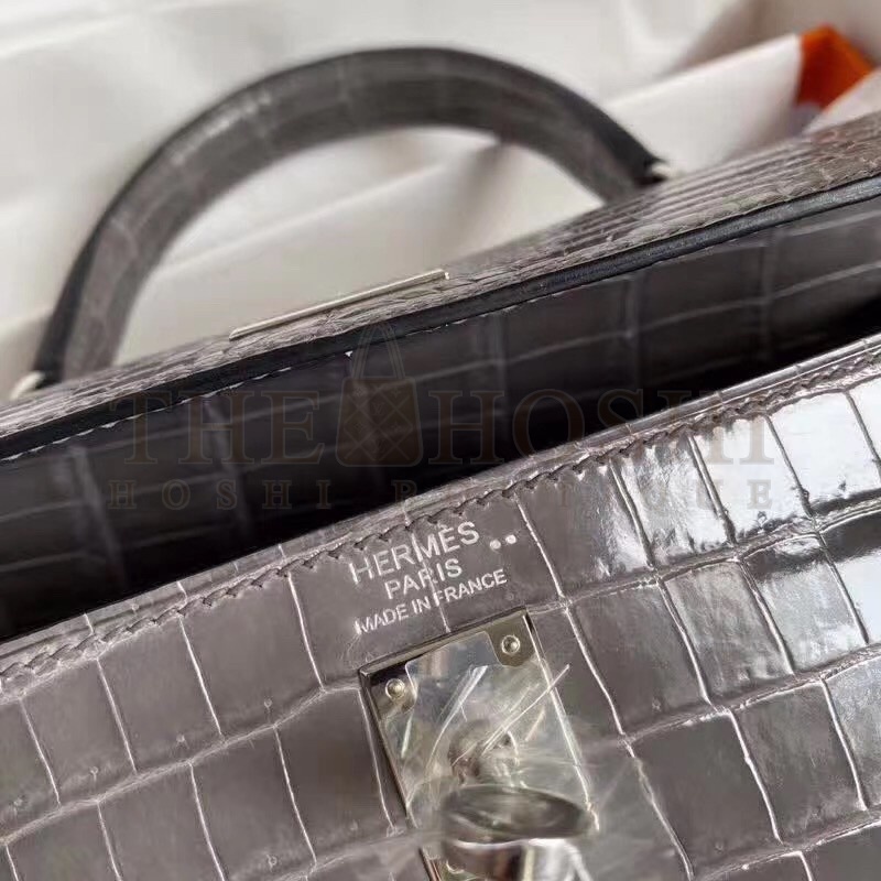 H**me5 Grey Kelly 25cm Shiny Niloticus Crocodile Skin Bag Master Quality