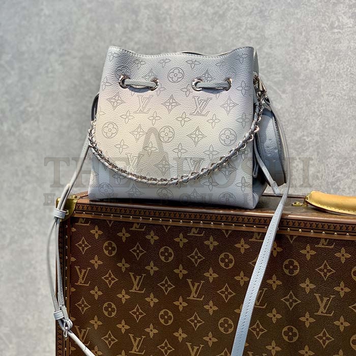 L0vis Vvtt0n LV Women Bella Bucket Bag Olympe Blue Perforated Mahina Calf Leather Master Quality