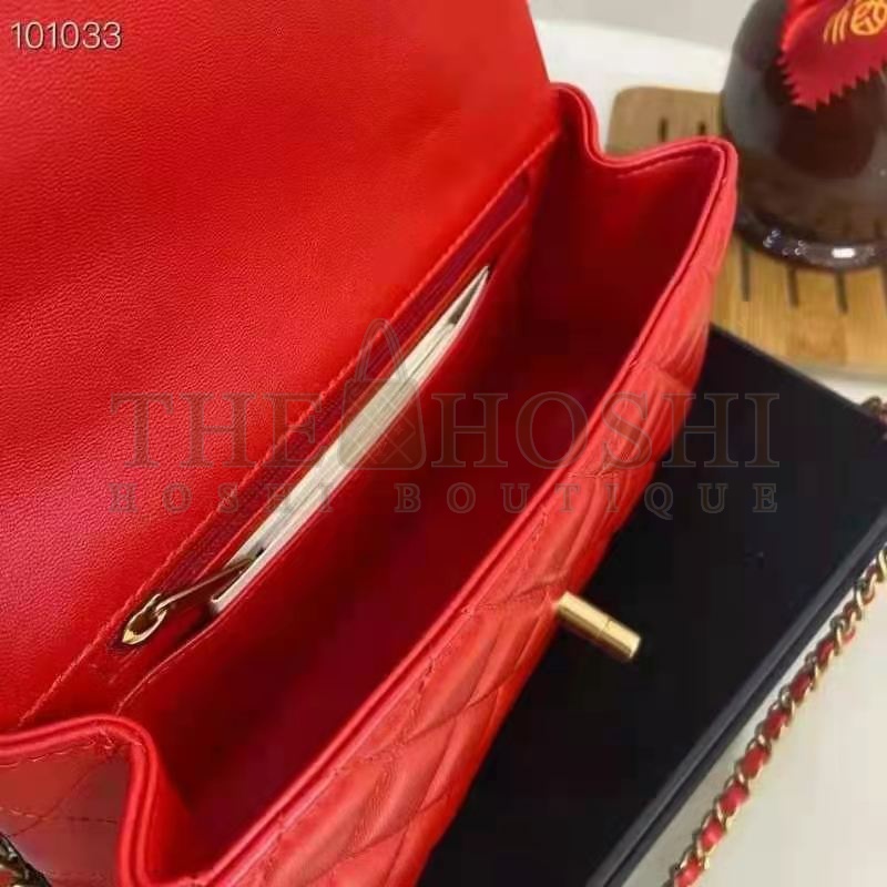 Ch**el Women Mini Flap Bag with Top Handle Grained Calfskin Gold-Tone Metal Red Master Quality
