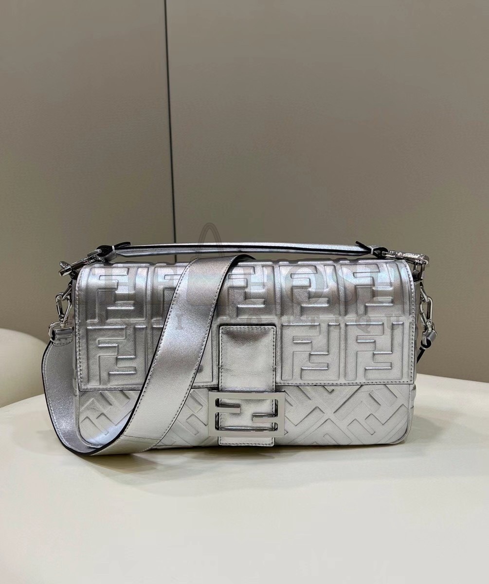F**di Large Baguette Bag In Silver FF Metallic Leather Master Quality