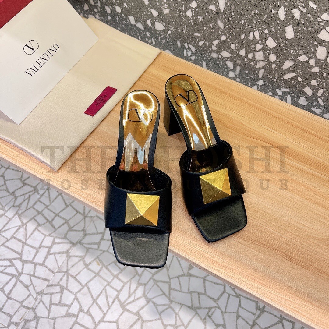 Va1e*ntin0 One Stud Slide Sandals 60mm In Black Calfskin Master Quality