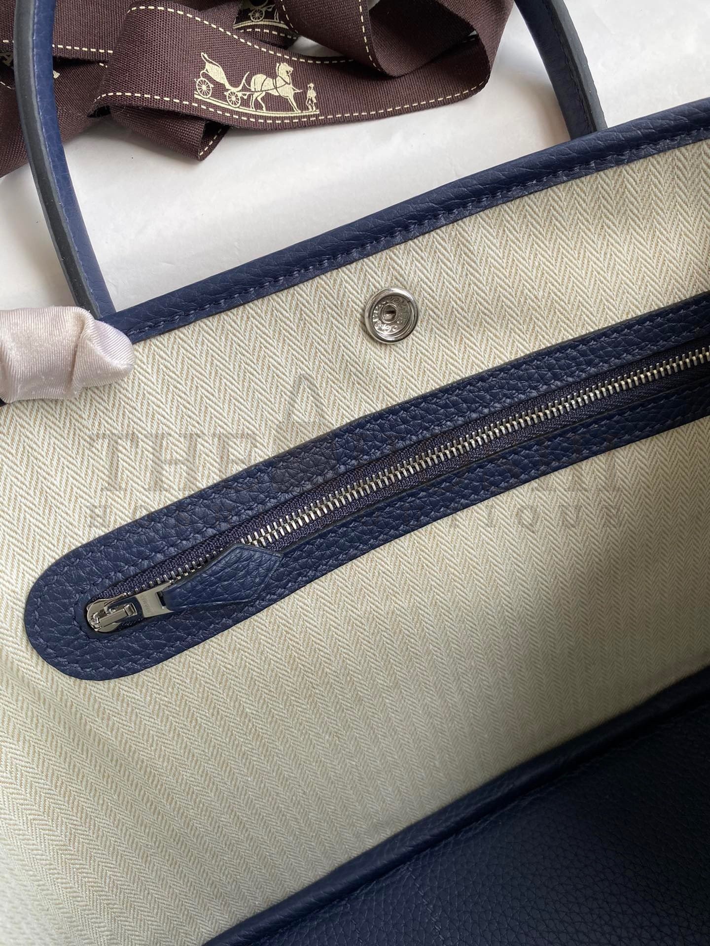 H**me5 Garden Party 30 Handmade Bag in Toile and Blue Leather Master Quality