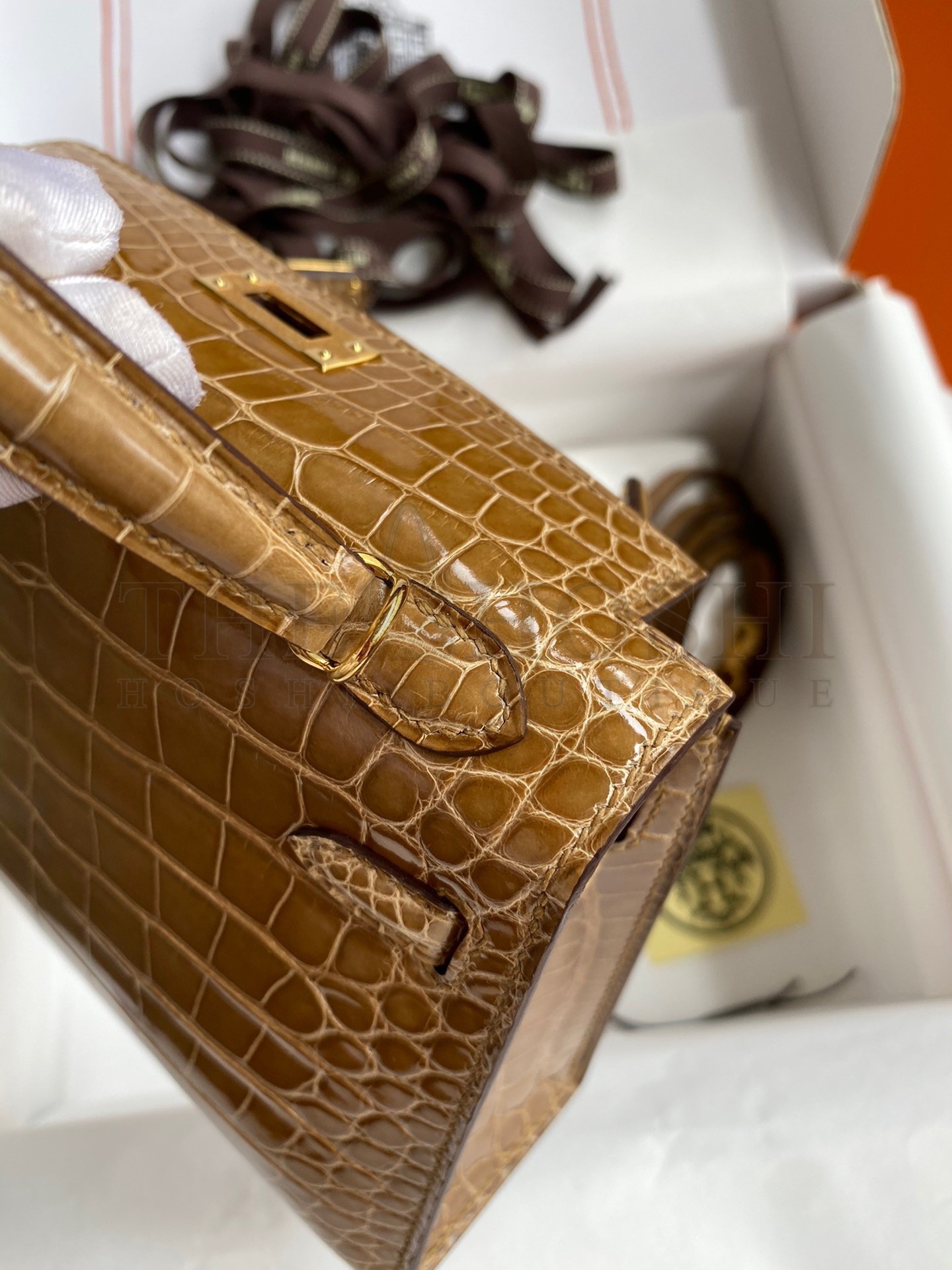 H**me5 Kelly Mini II Sellier Handmade Bag In Ficelle Shiny Alligator Leather Master Quality