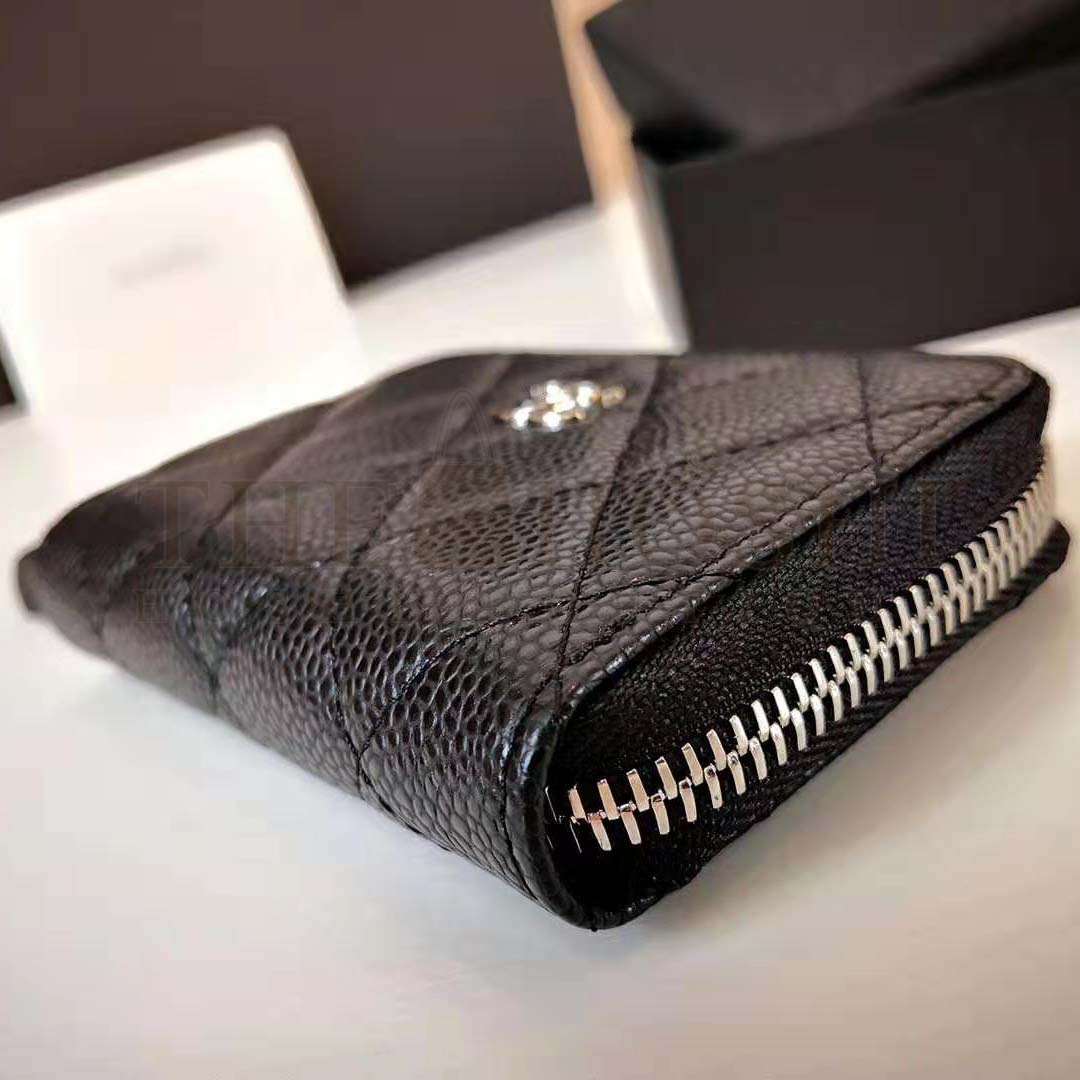 Ch**el Women Classic Zipped Coin Purse in Grained Calfskin &amp; Silver-Tone Metal-Black Master Quality