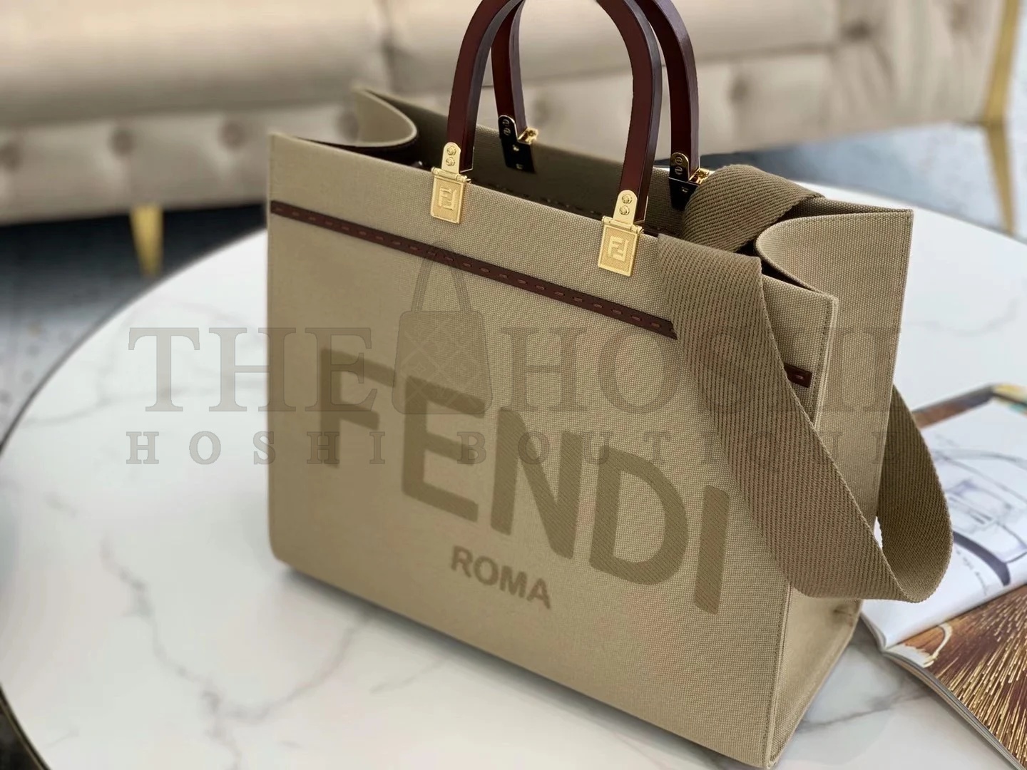 F**di Sunshine Medium Tote Bag In Beige Canvas Master Quality