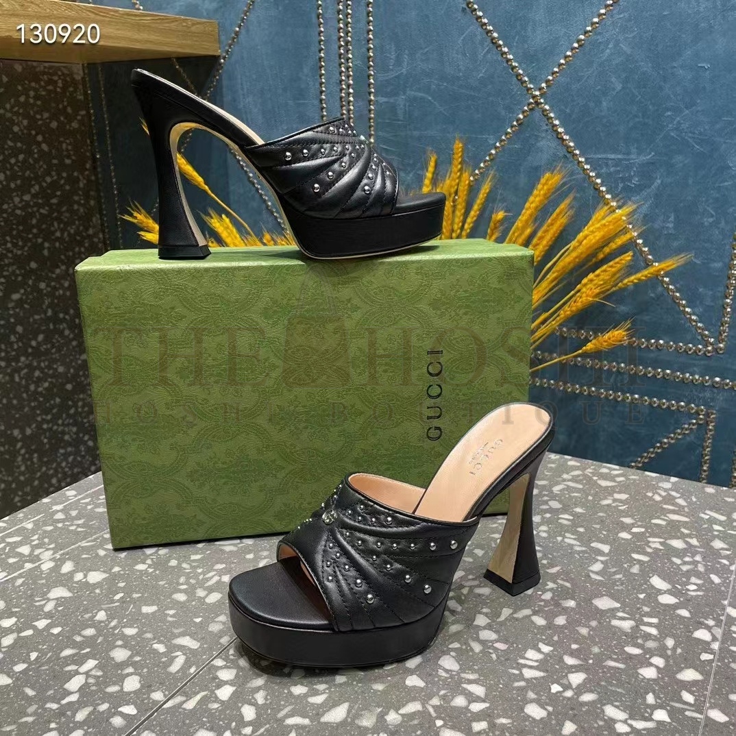 Gvc*1 Women G2 Heeled Slide Sandals Black Leather Studs Spool High 15 Cm Heel Master Quality