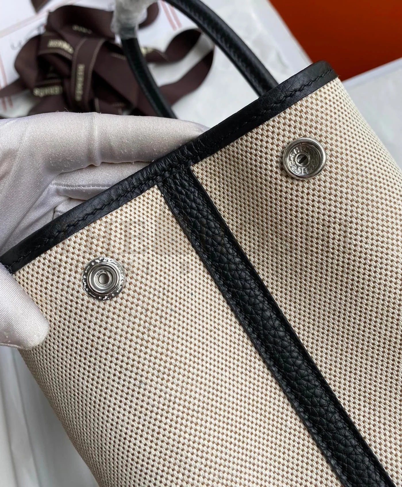 H**me5 Garden Party 30 Handmade Bag in Toile and Black Leather Master Quality