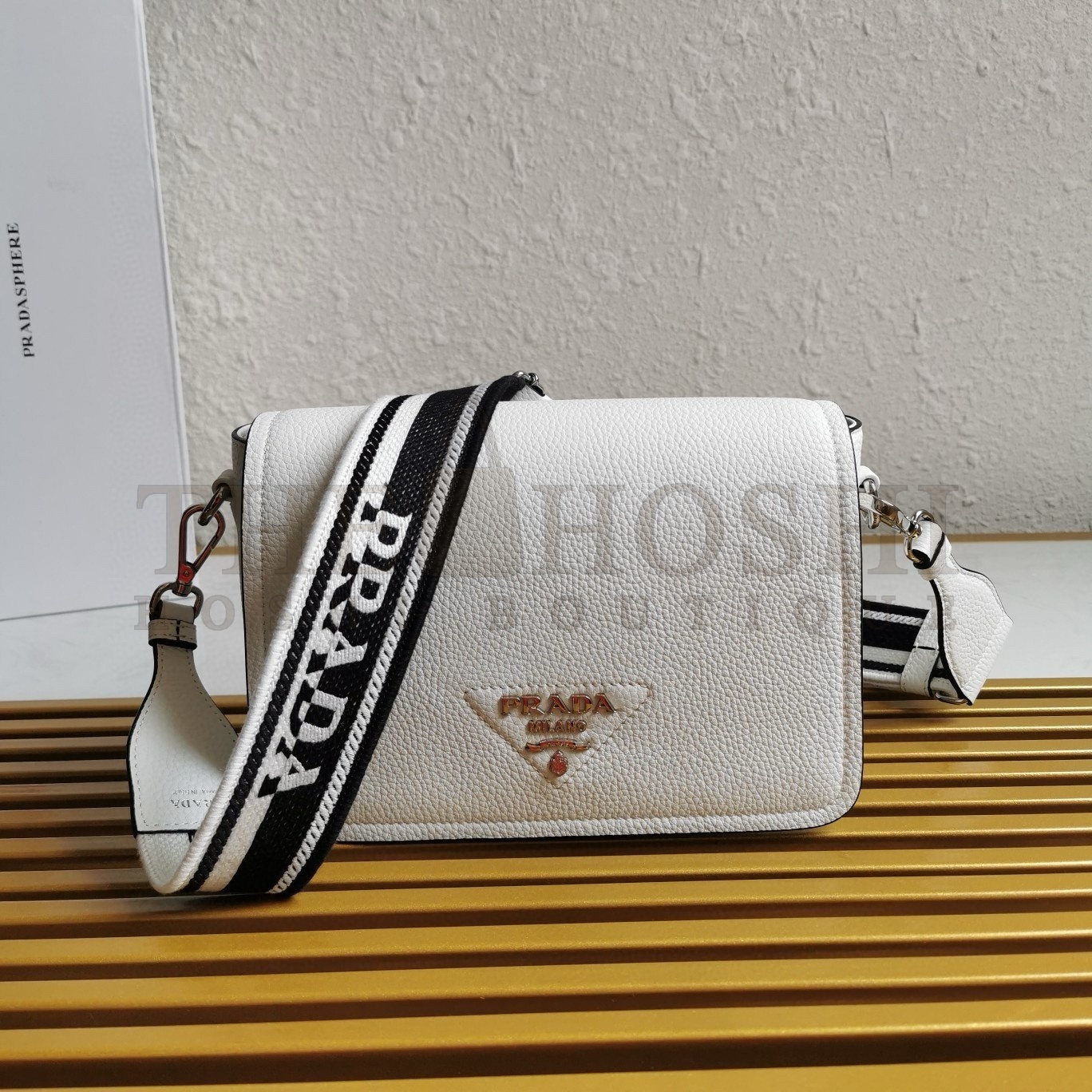 Pra*a Flap Shoulder Bag in White Grained Leather Master Quality