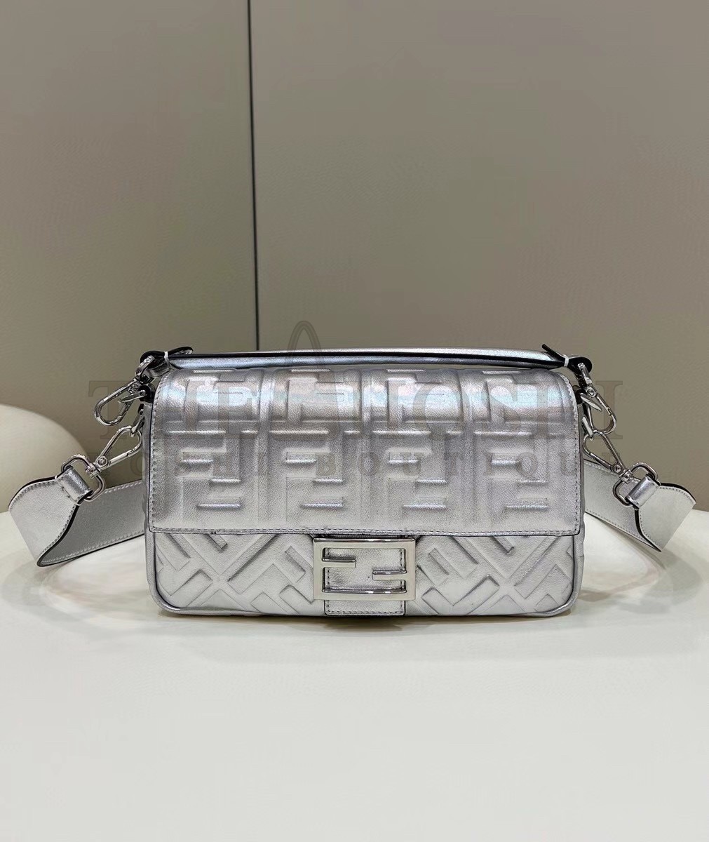 F**di Medium Baguette Bag In Silver FF Metallic Leather Master Quality