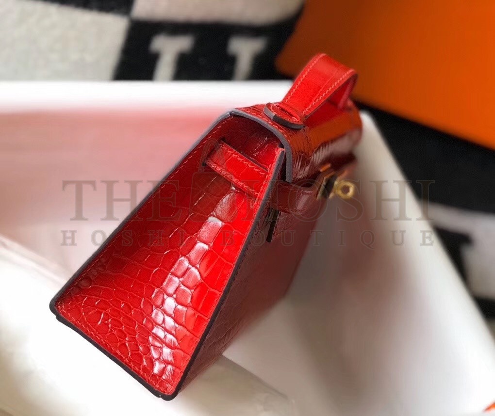 H**me5 Kelly Pochette Bag In Red Embossed Crocodile Leather Master Quality