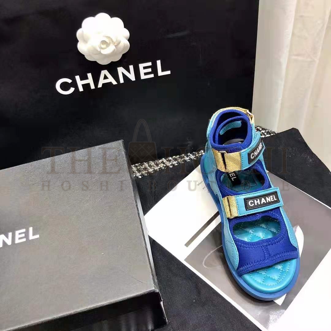 Ch**el Women Sandals Goatskin Fabric &amp; TPU Blue Dark Blue &amp; Black Master Quality